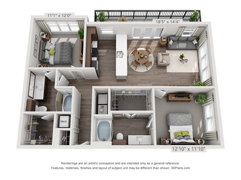 Floor plan for 2 beds, 2 baths, 1130 sqft